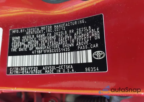 2012 Toyota Camry Se from USA, damaged, VIN 4T1BF1FK6CU551435